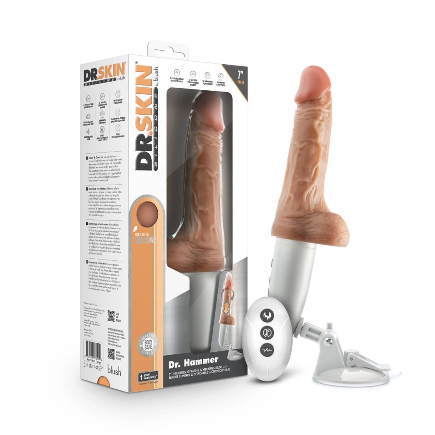DR SKIN SILICONE DR HAMMER 7IN THRUSTING DILDO W/ HANDLE BEIGE
